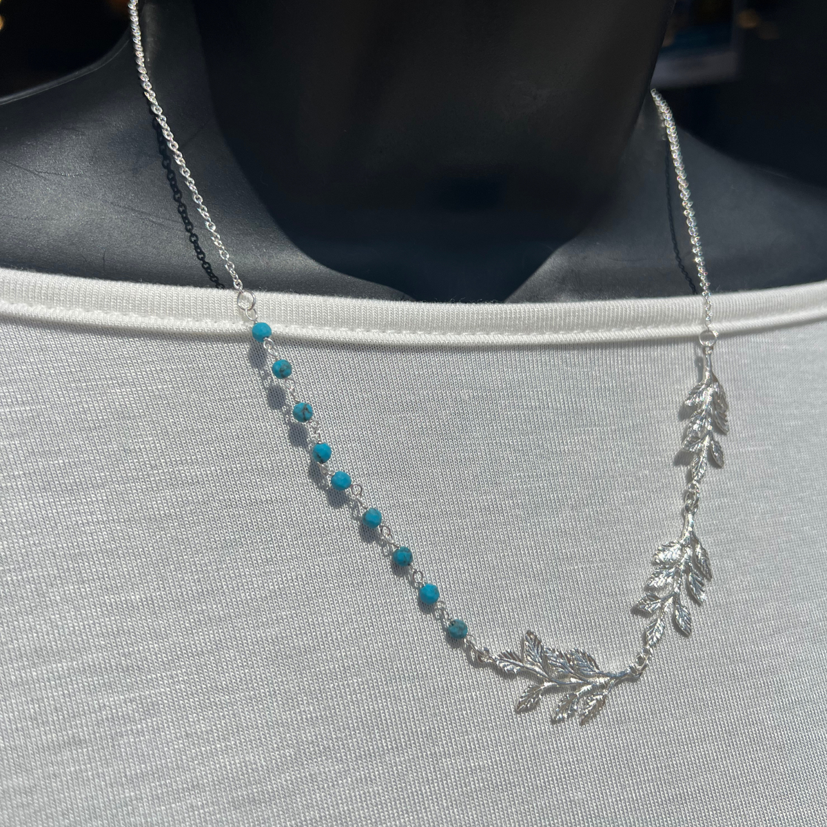 Silver Leaf Necklace with Lapis or Turquoise