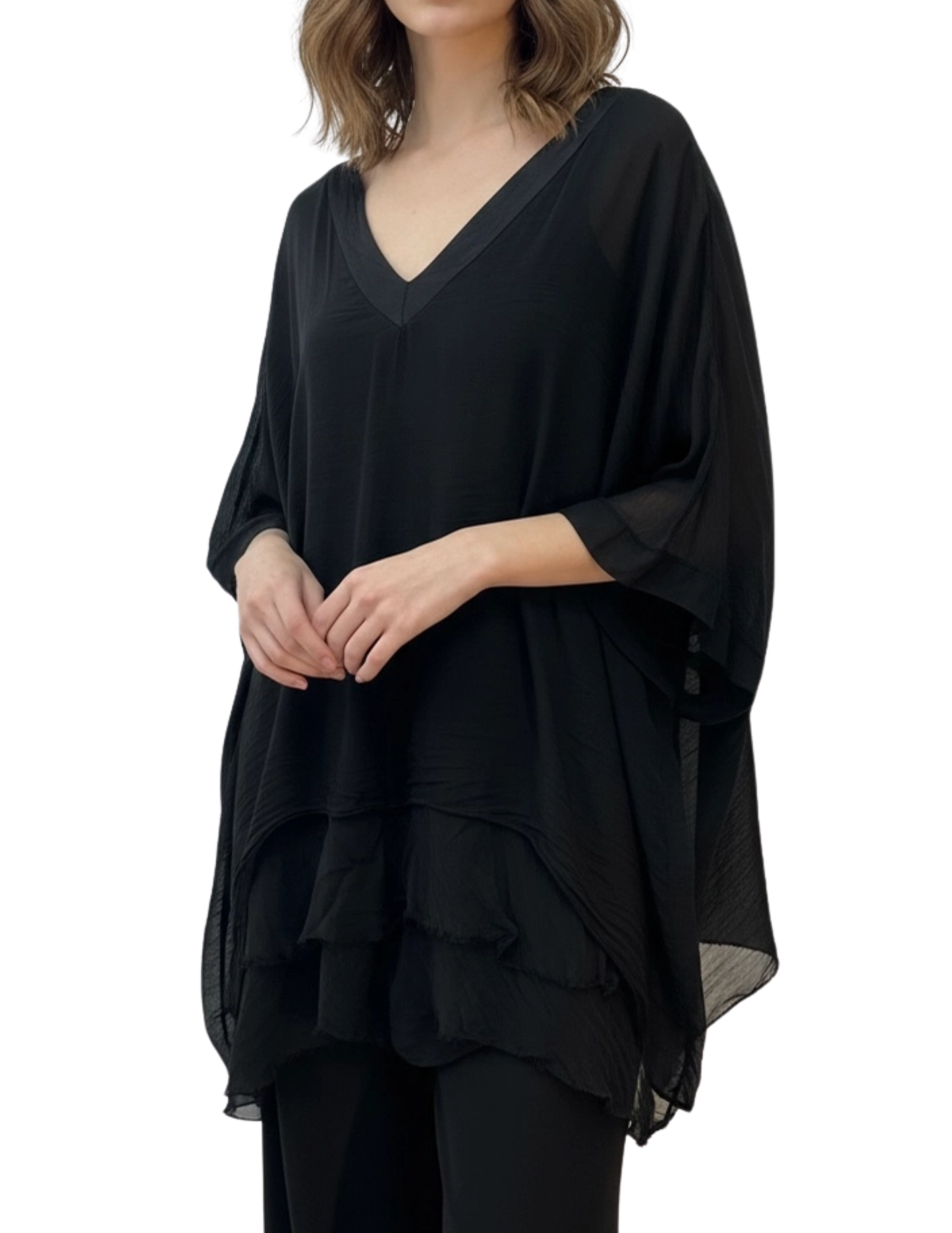 Silk V-Neck Ruffle Top