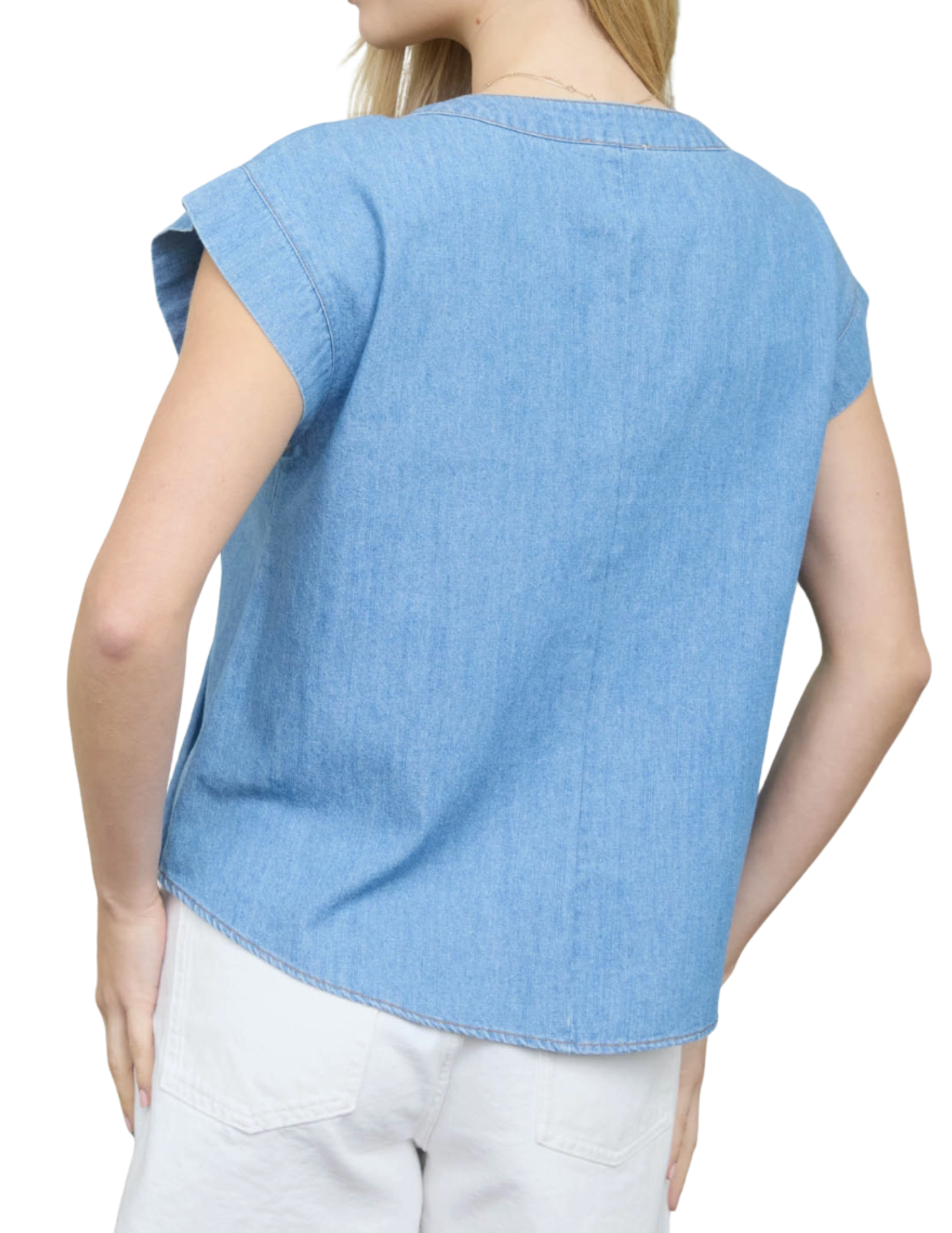 V Neck Front Tie Pintuck Detail Chambray Top