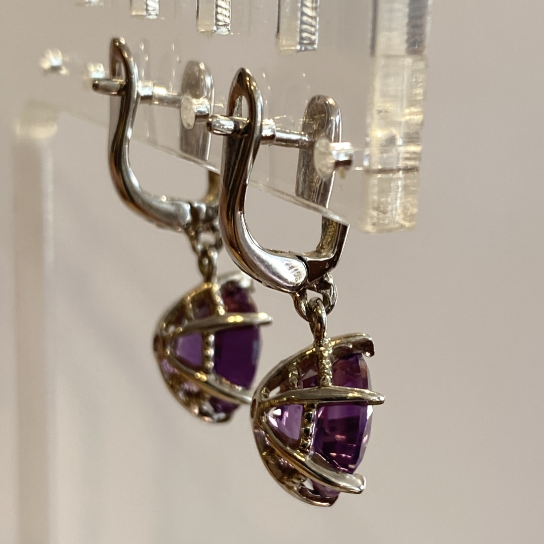Amethyst Princess Cut Oval Silver Earrings