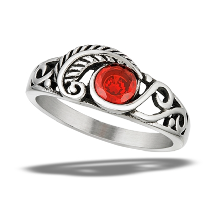 Leaf Ring With Garnet CZ And Swirls