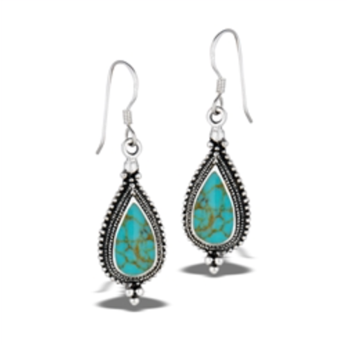 Sterling Silver Classic Bali Style Granulated Dangle Earring With Synthetic Turquoise