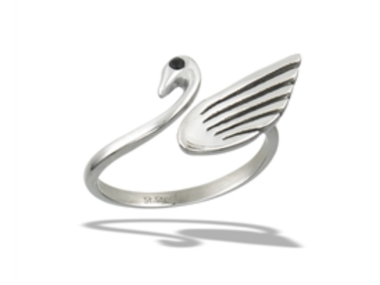Adjustable Swan With Faceted Black Onyx Ring