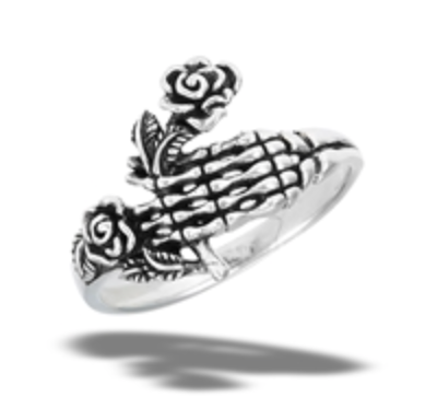 Sterling Silver Skeleton's Hand Holding Roses Ring