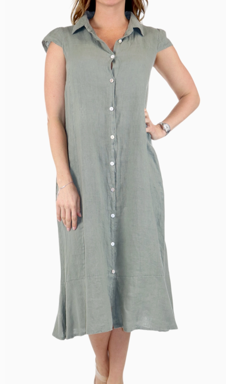 Cap Shoulder Buttoned Front Linen Dress