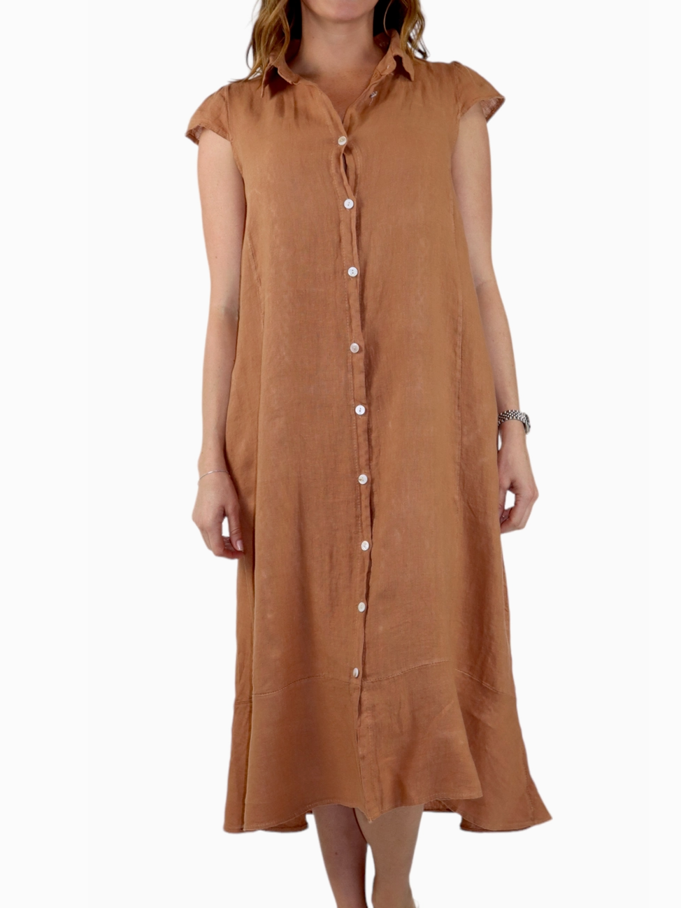 Cap Shoulder Buttoned Front Linen Dress