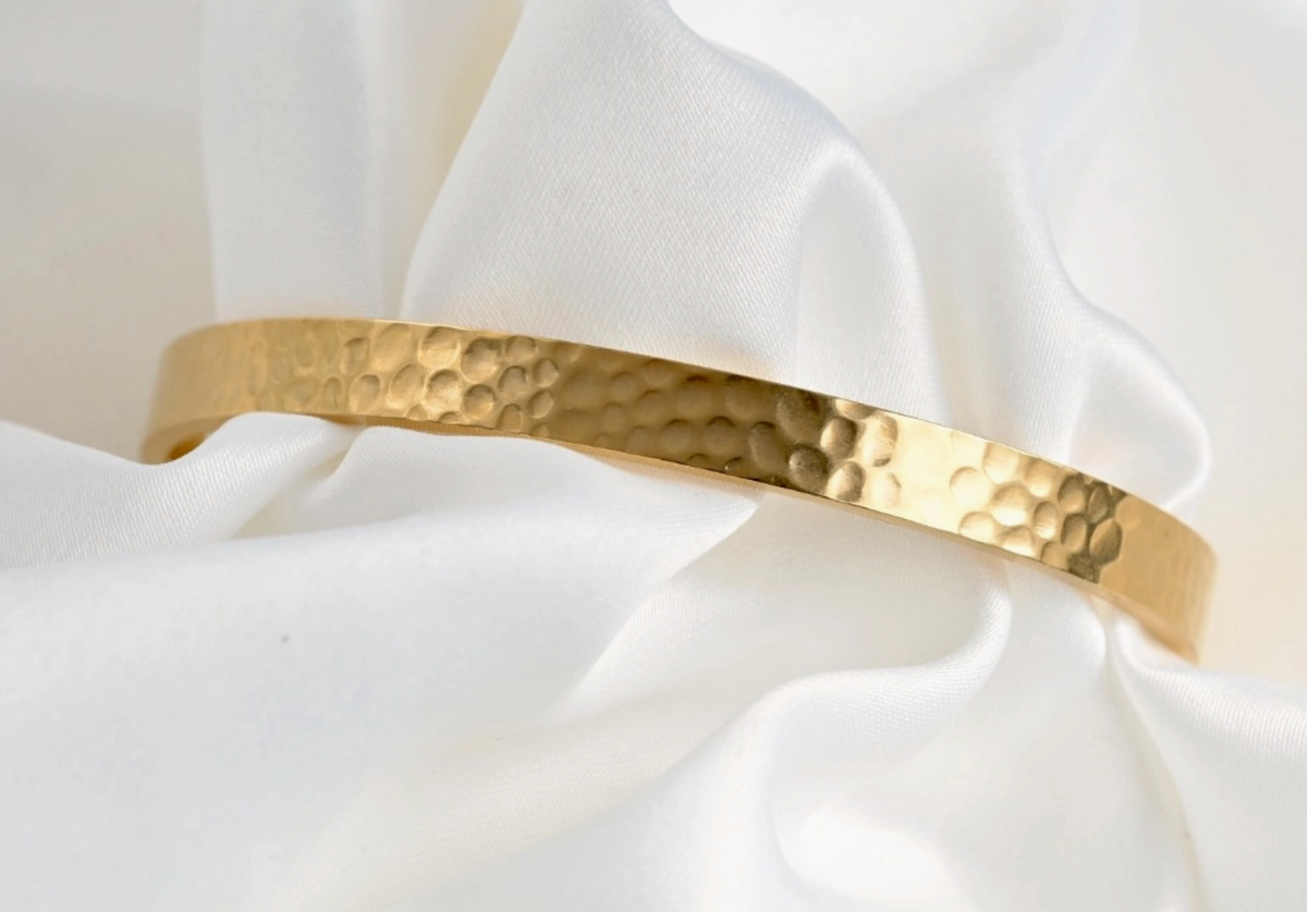 Slim Hammered Cuff Bracelet - Gold Stainless Steel Textured Cuff