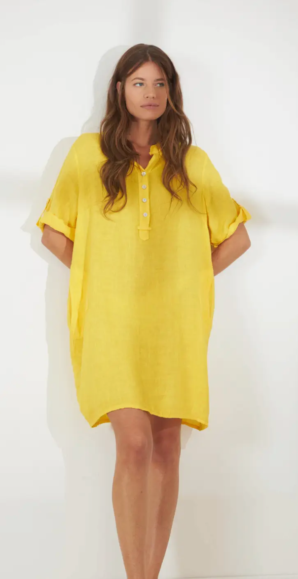 Italian Linen Collarless Shirt Dress