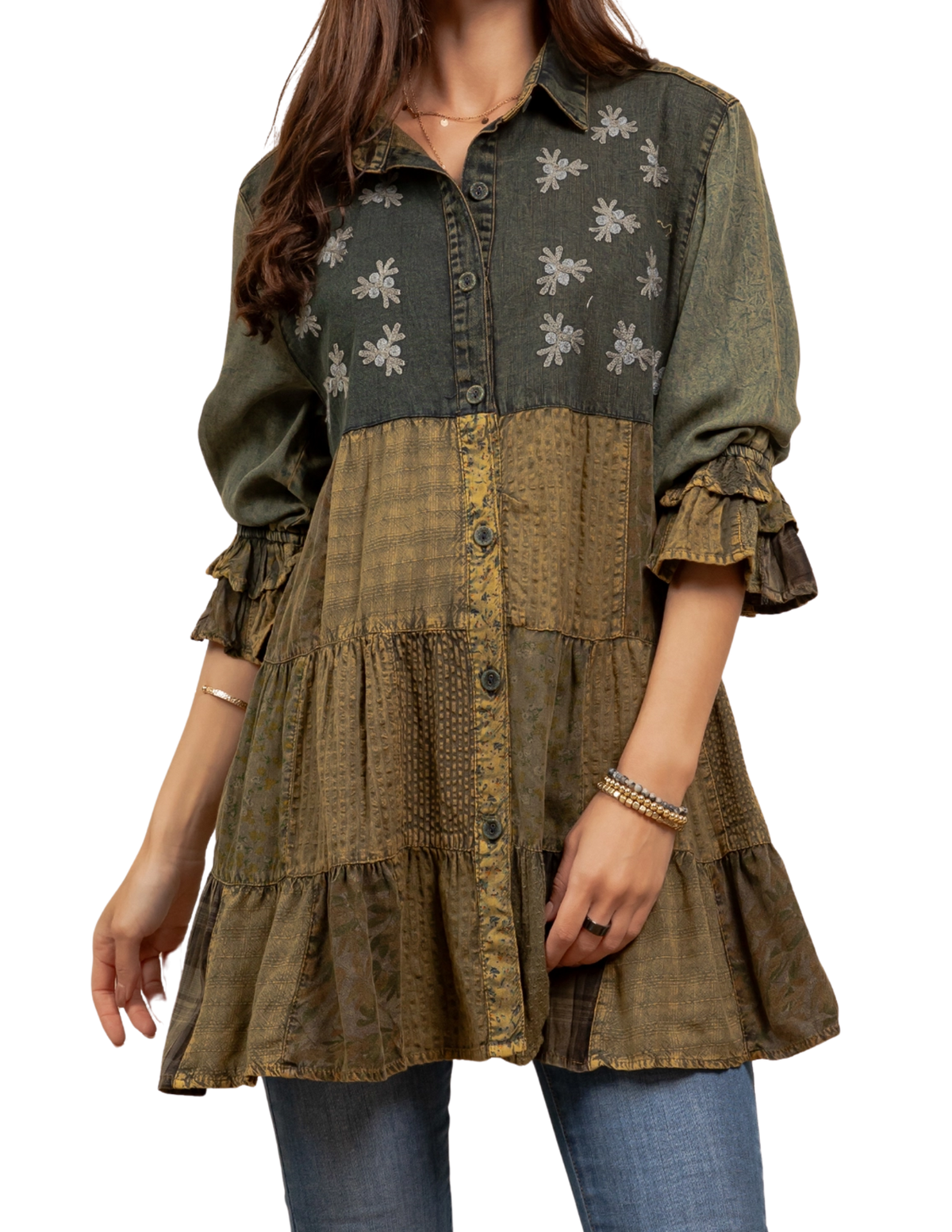 Boho Embroidered Floral Plaid Button-Down
