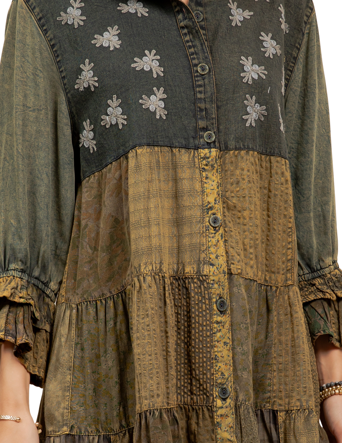 Boho Embroidered Floral Plaid Button-Down