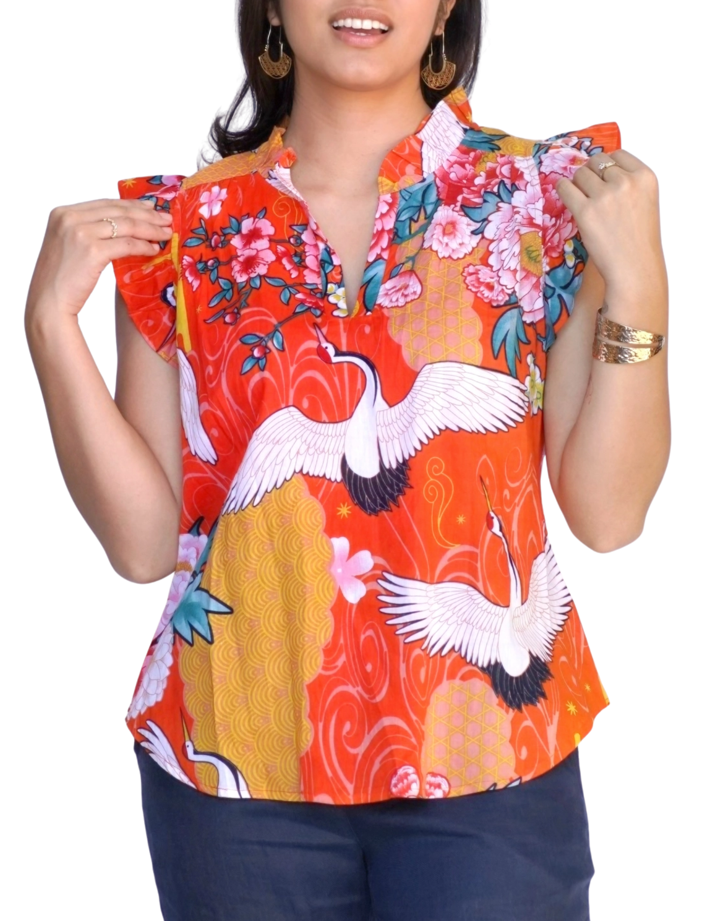Crane Ruffle Sleeve Blouse in Red