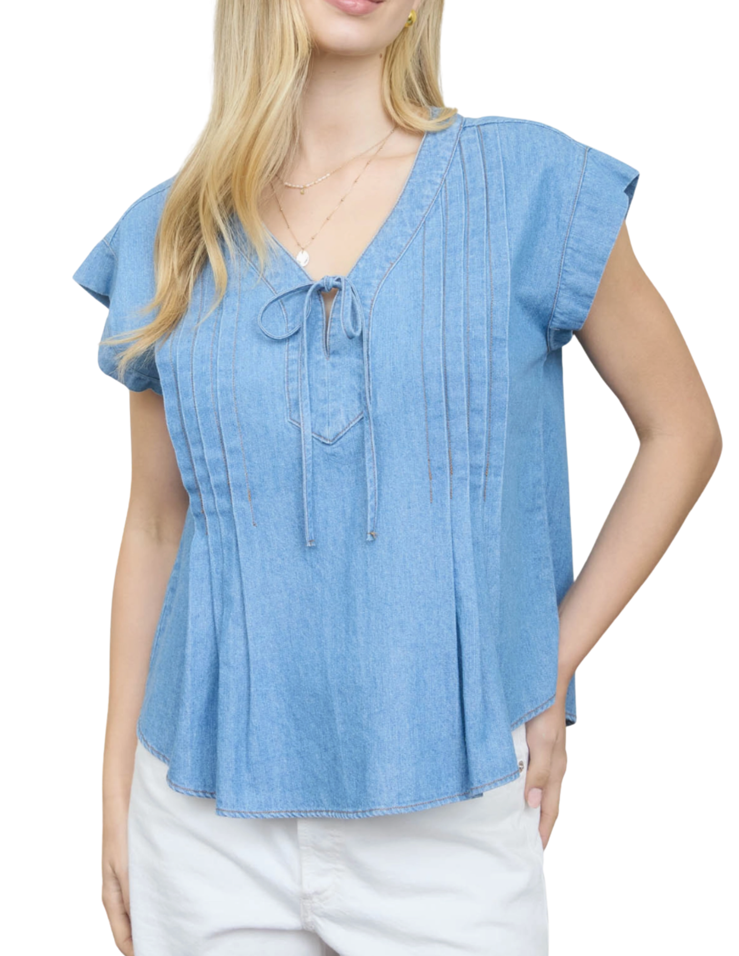 V Neck Front Tie Pintuck Detail Chambray Top