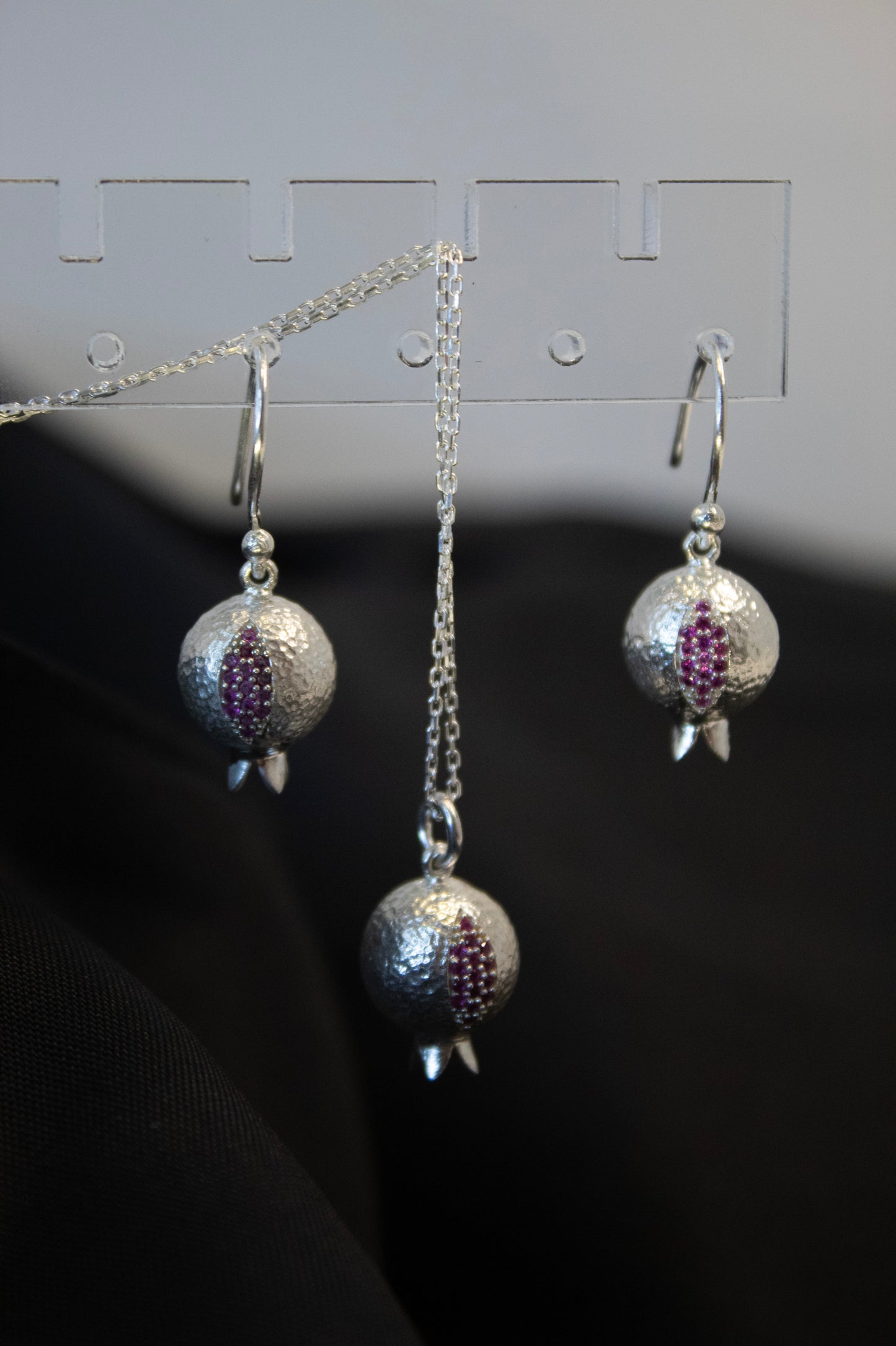 Pomegranate Silver with Ruby Cluster Drop Earrings