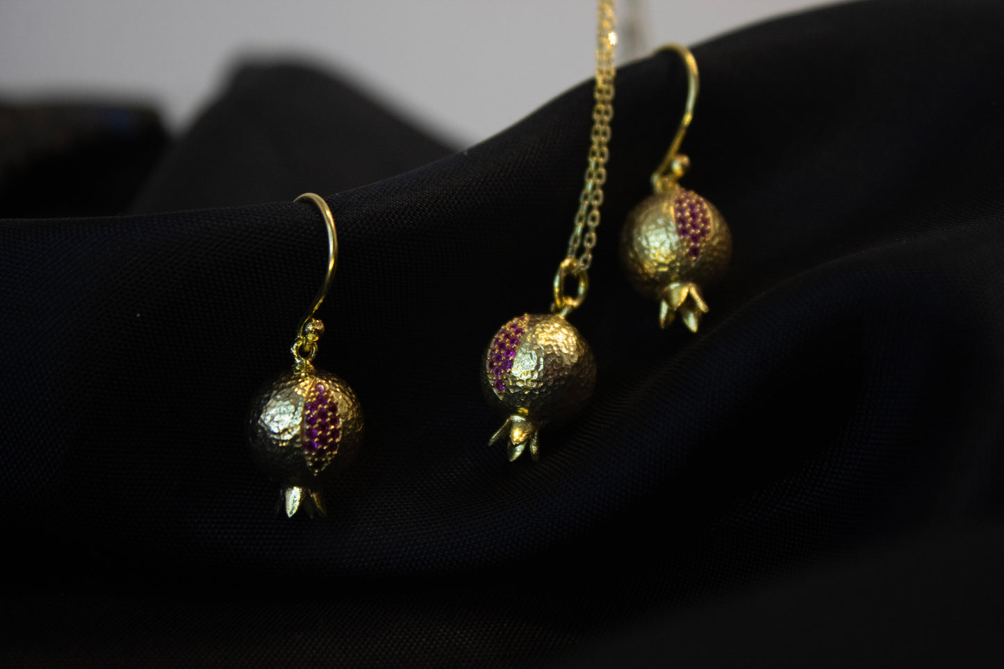 Gold Pomegranate with Ruby Cluster Drop Earrings