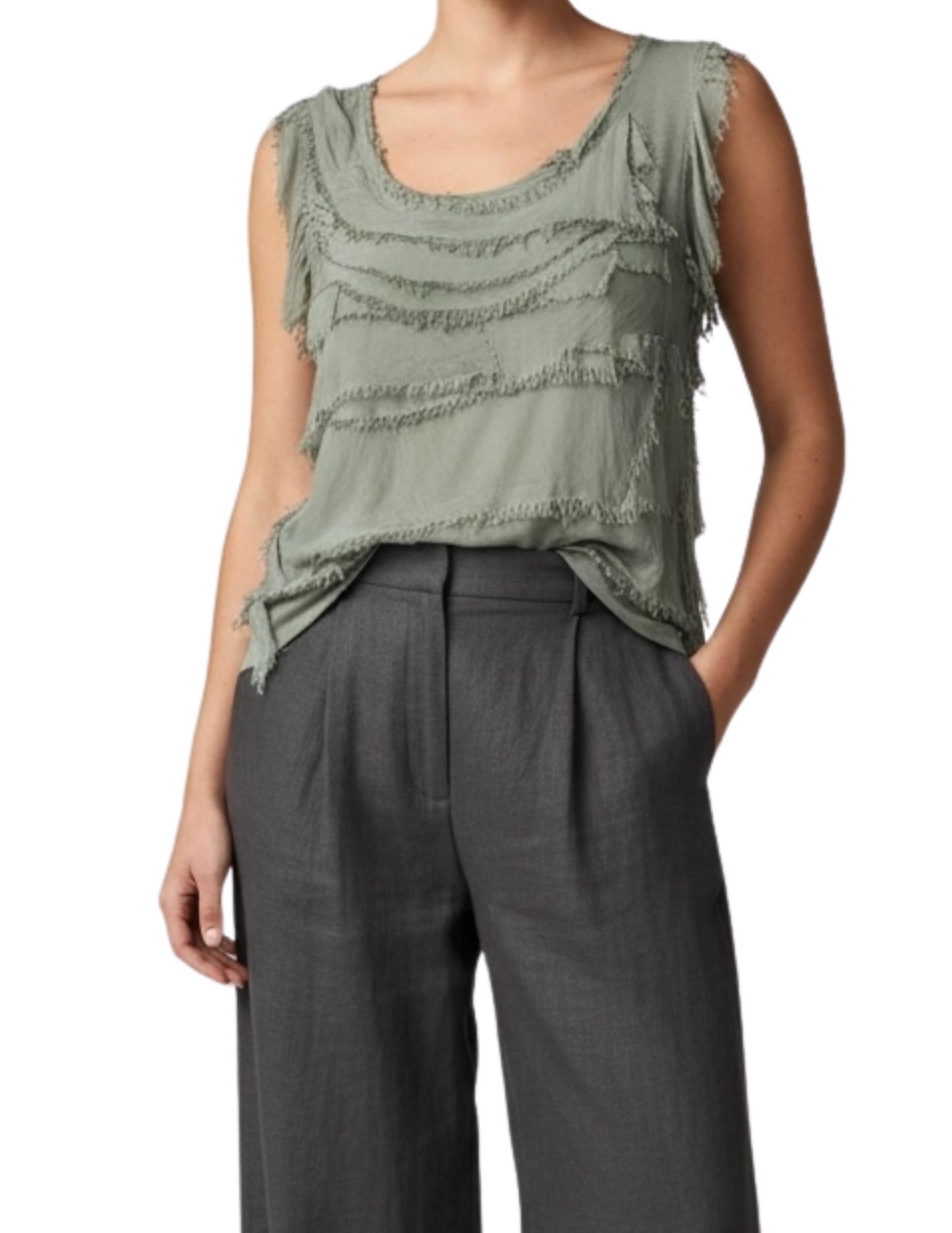 Silk Ruffle Sleeveless Tank Top
