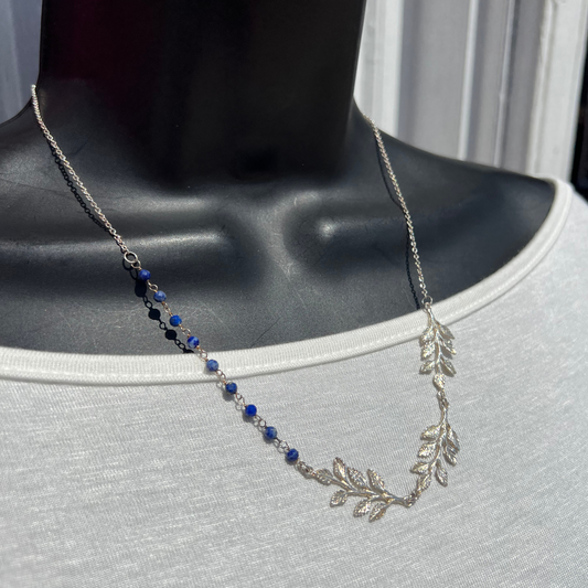 Silver Leaf Necklace with Lapis or Turquoise