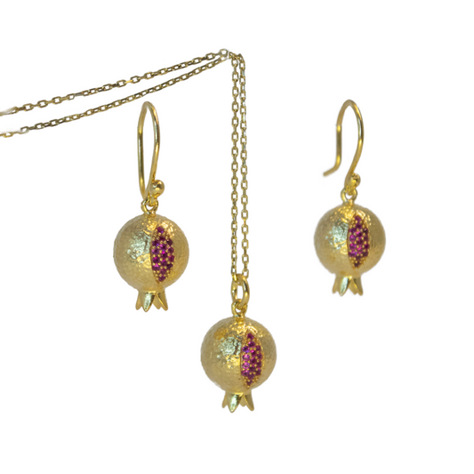 Gold Pomegranate with Ruby Cluster Drop Earrings