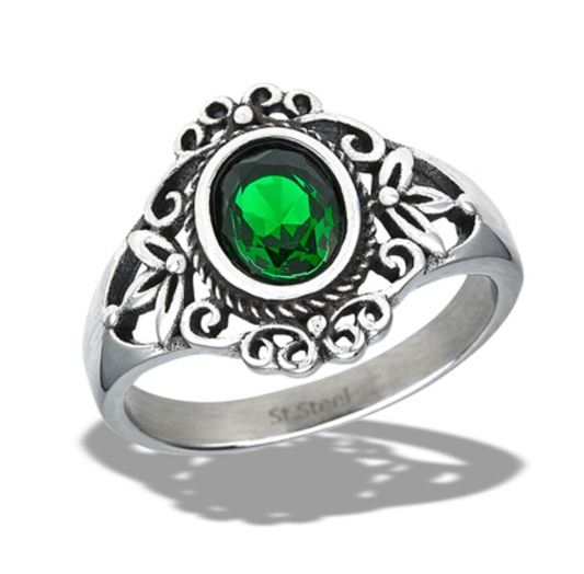 Ornate Braided Ring With Green CZ