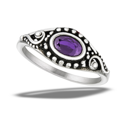 Bali Style Ring With Granulation And Amethyst CZ