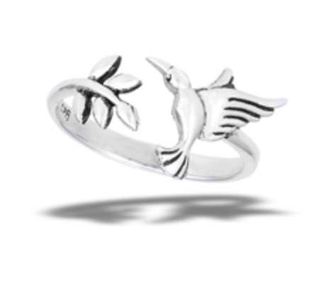 Sterling Silver Bird Hovering Over Leaves Ring