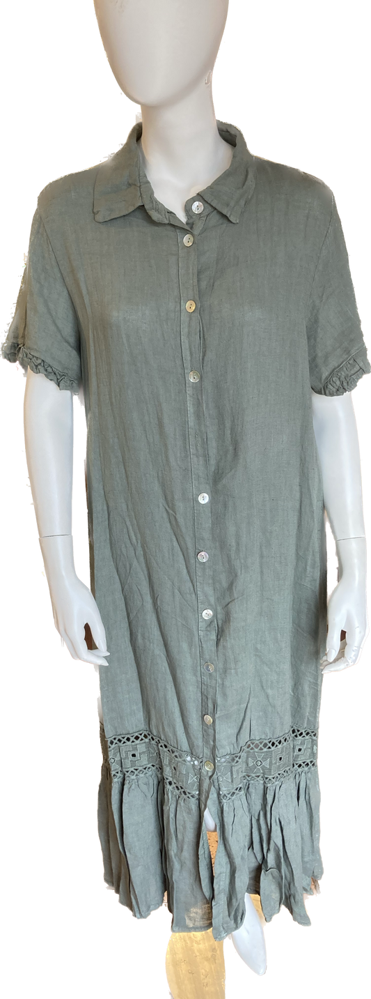 Linen Button Down Dress with Embroidery