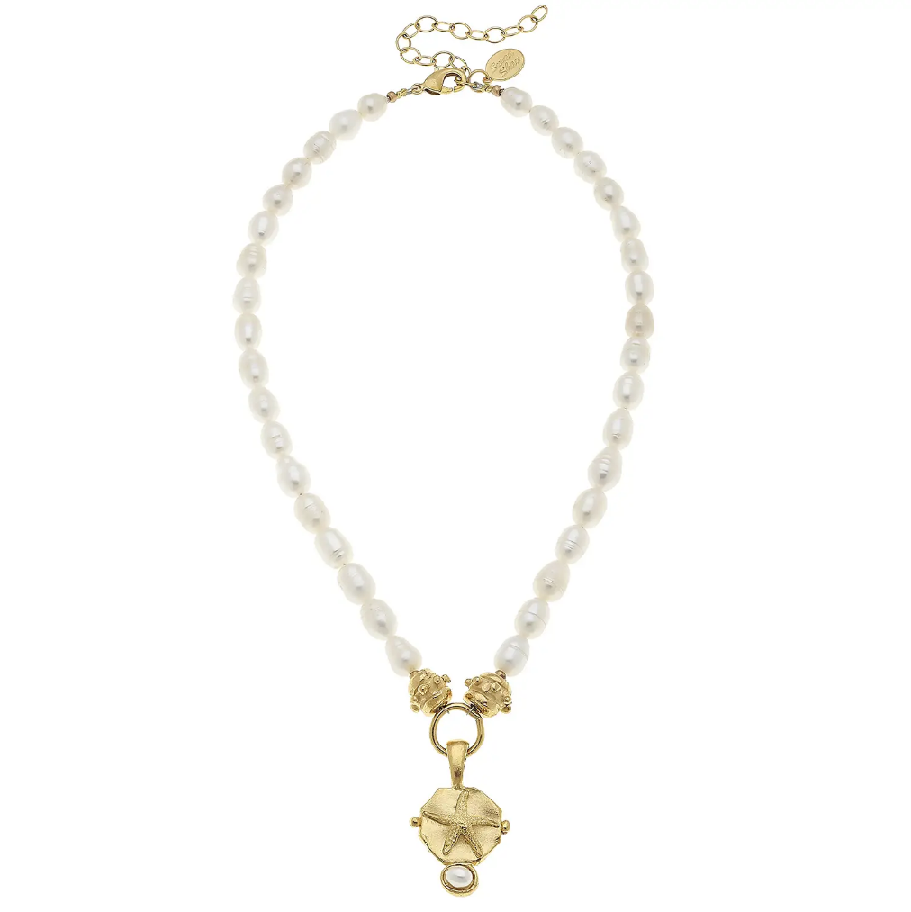 Gold Starfish Intaglio with Hand-Set Genuine Freshwater Pearls Necklace