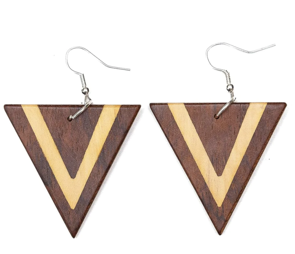 Dual-Tone Wood Triangle Earrings