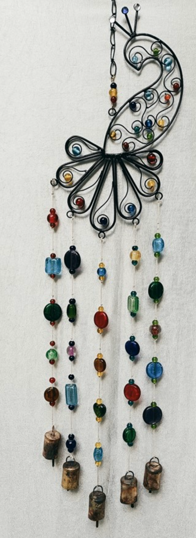 Iron Peacock Chime W/ Glass Beads & 5 Bells